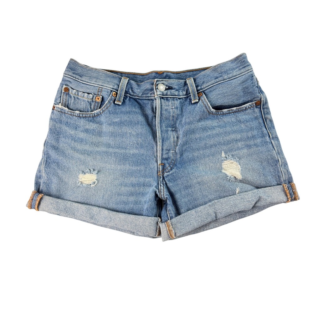 Levi's Womens 28 501 Original Shorts Blue Cuffed Distressed Denim Classic